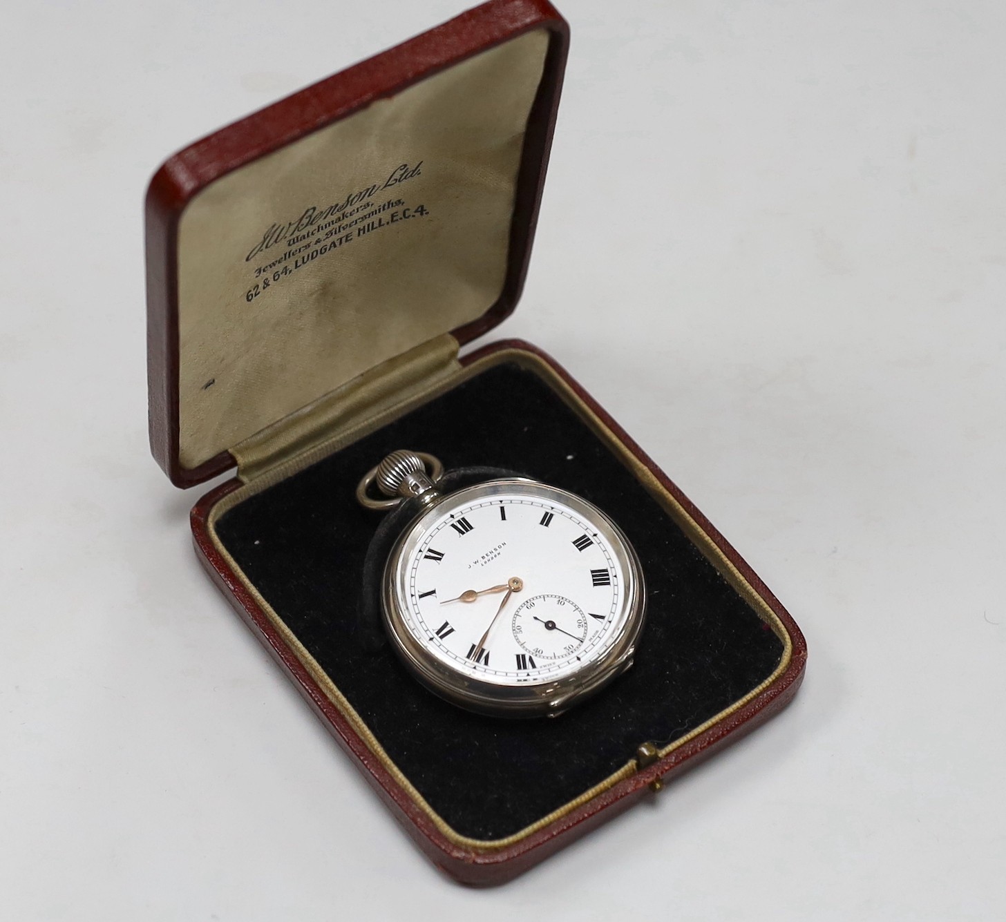 A 1930's silver J.W. Benson open faced keyless pocket watch, with Roman dial, case diameter 51mm, in original fitted J.W. Benson case.